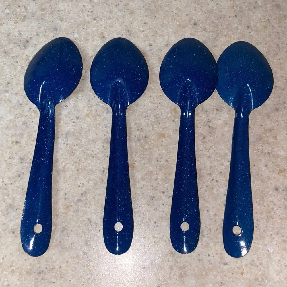 VTG, Enamel Deep Blue And White Speckled Granitewear Metal Serving Spoon Set 4